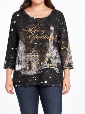 Jane Ashley Merry Christmas Paris Eiffel Tower Graphic Top Size Extra Large